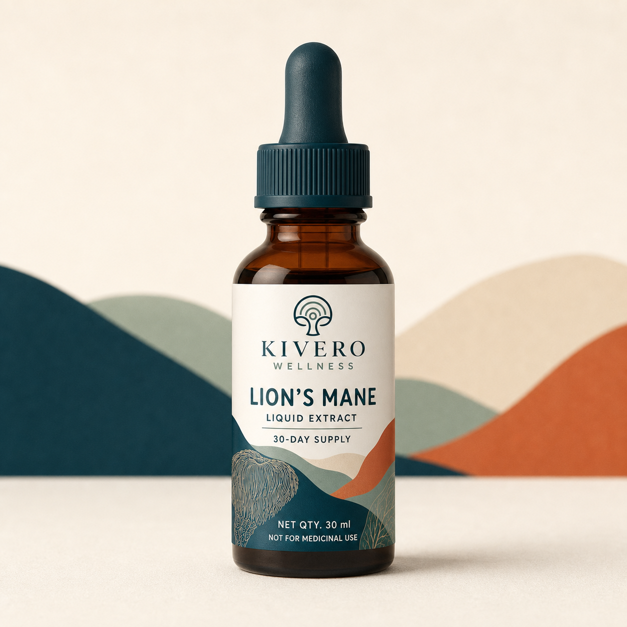 Kivero Lion’s Mane liquid extract in an amber dropper bottle